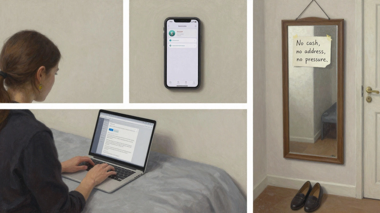 A private room with personal notes, a laptop, and shoes by the door — quiet dignity in solitude.