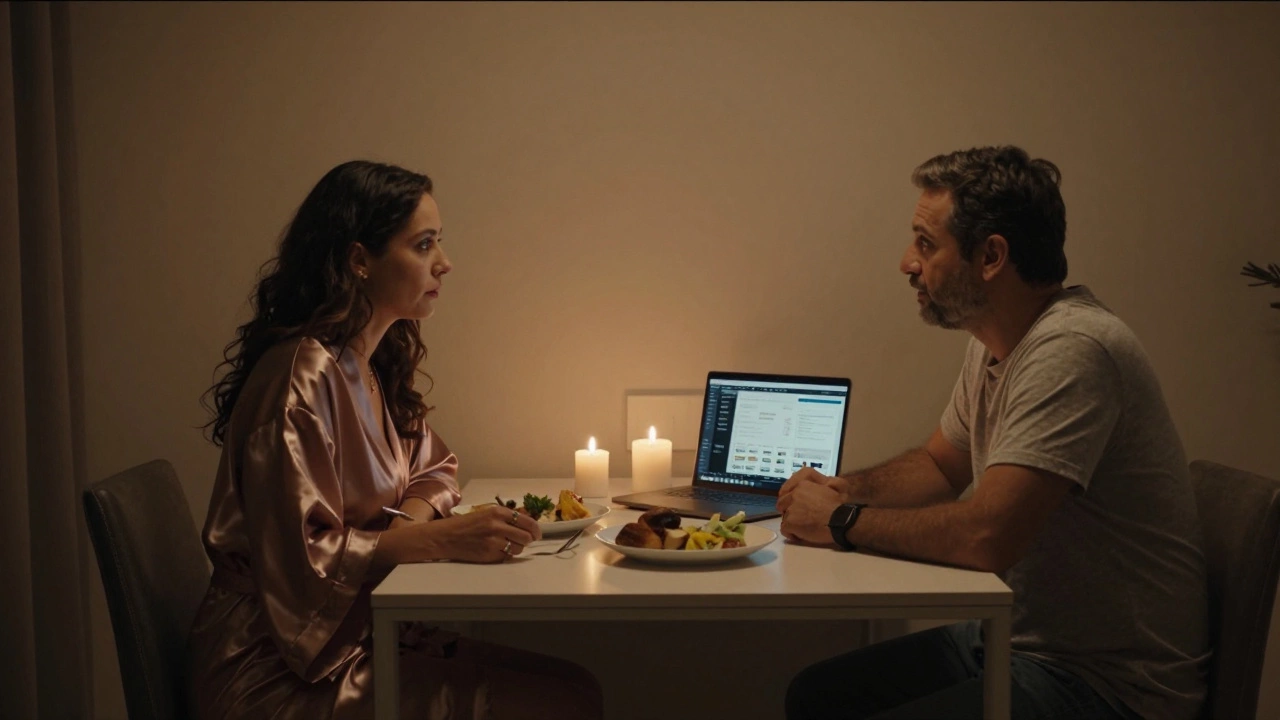 A woman and man sharing a quiet dinner in a softly lit Dubai apartment.