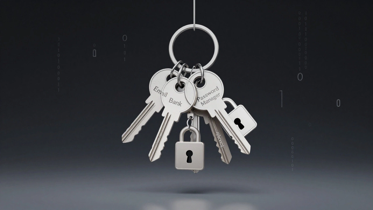 Keychain of unique digital keys hanging from a single master key labeled Password Manager.