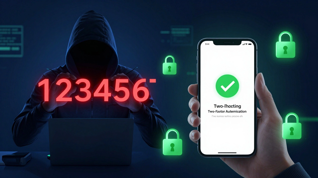 Split-screen comparison of a failed password hack versus secure two-factor authentication.